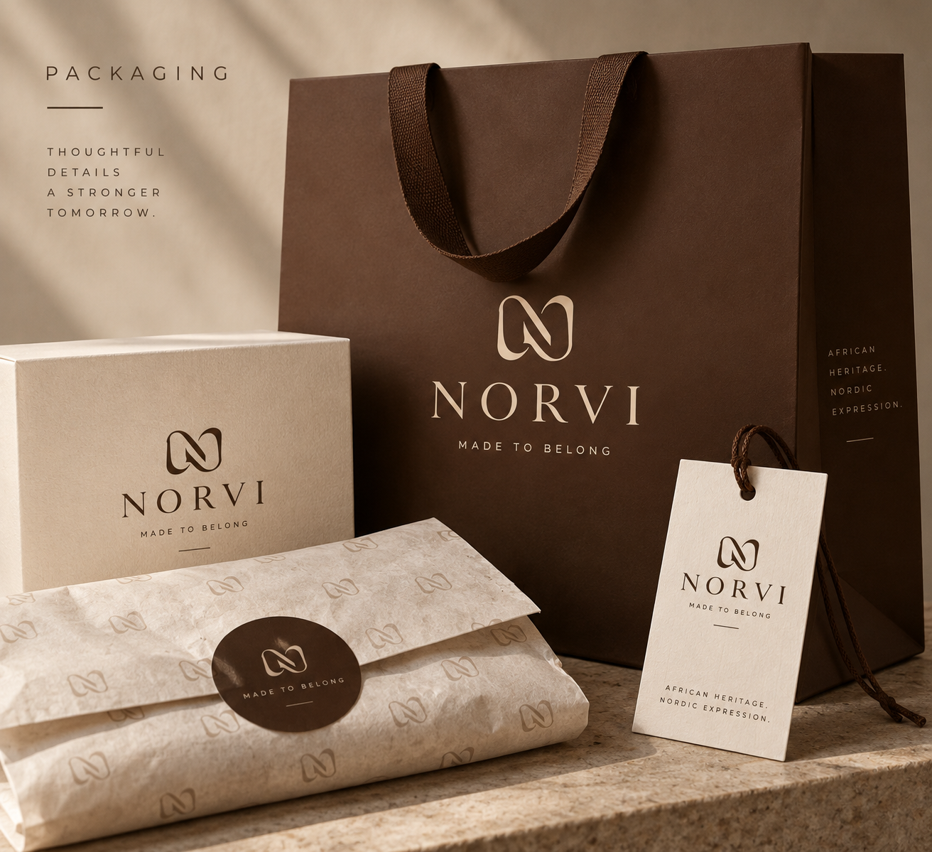 NORVI kraft packaging with the monogram label