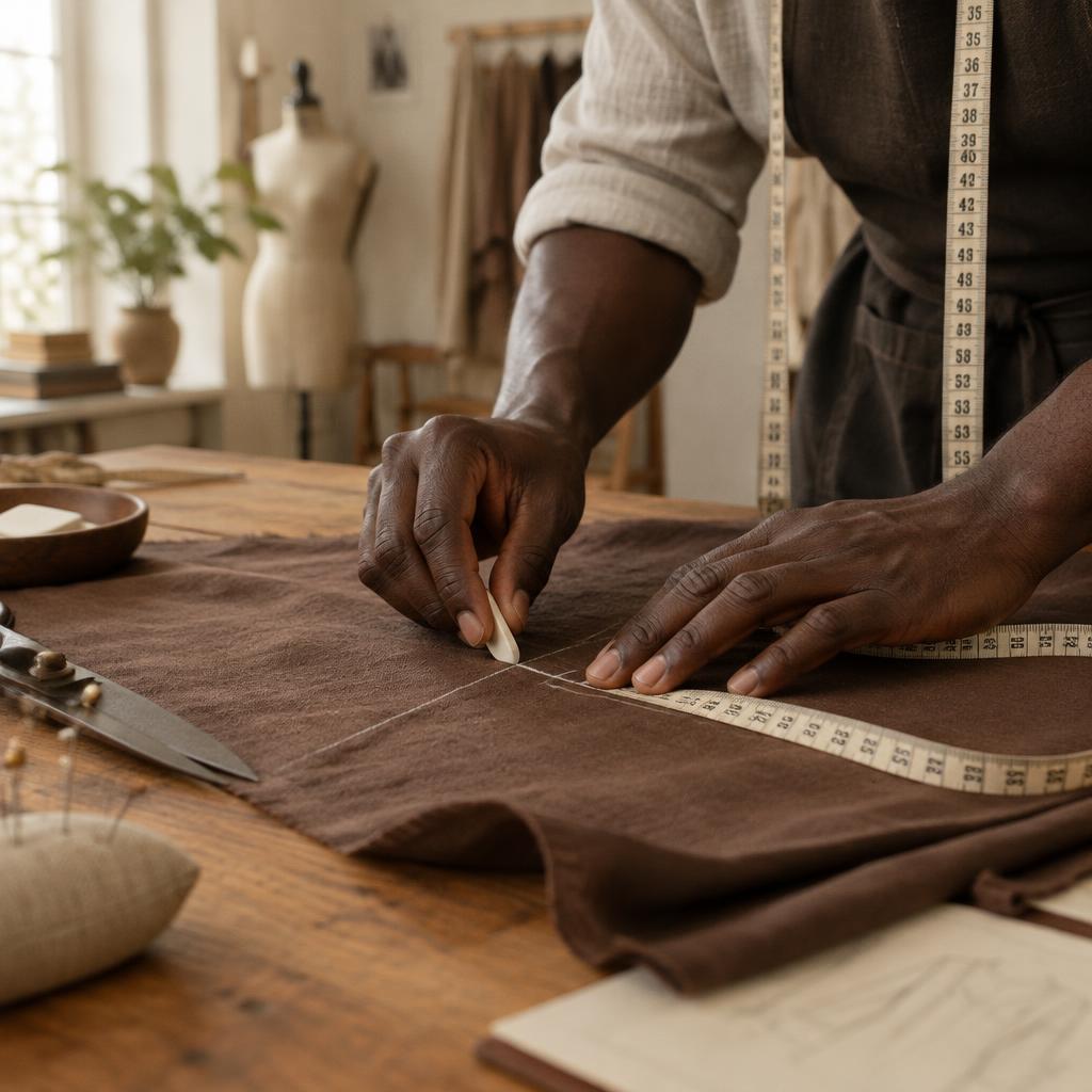 A tailor marking cocoa linen with chalk in the NORVI atelier