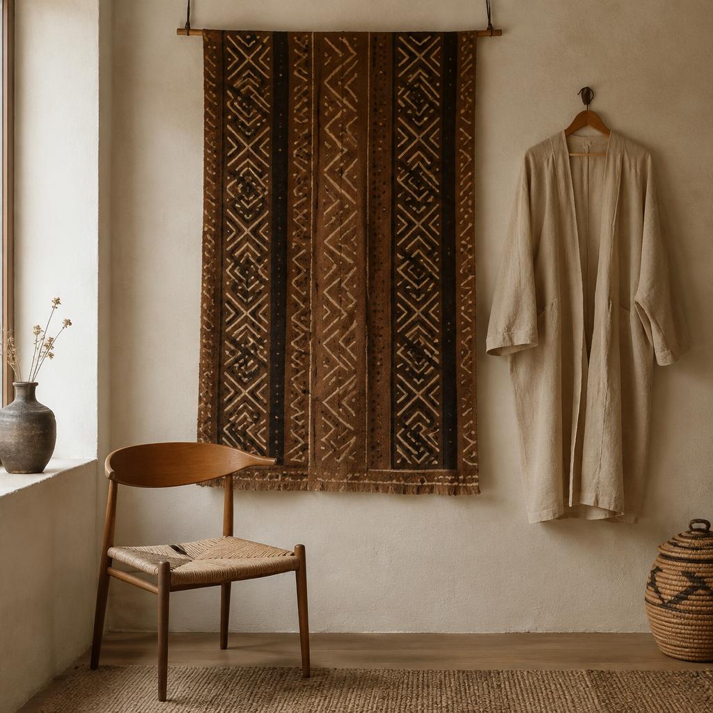 A mud-cloth textile beside a linen garment in a calm Nordic interior